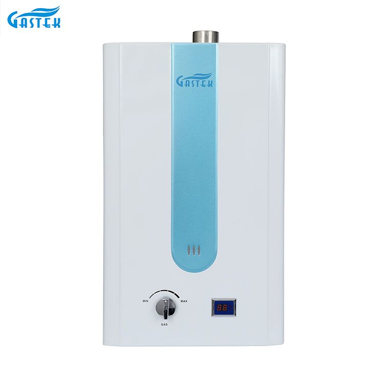 Chauffe-eau à gaz GPL avec douche à conduit de fumée, installation dans la salle de bains